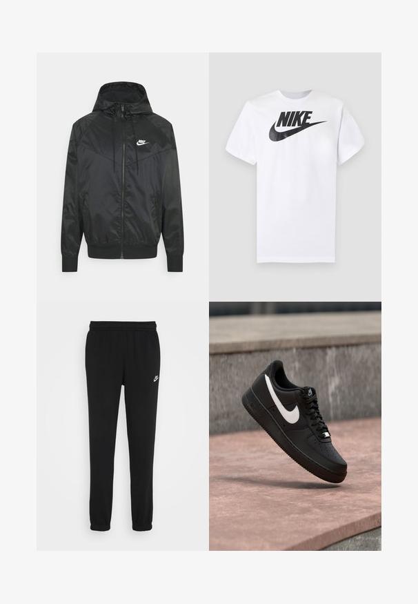 Sort nylon bomberjakke med hætte, lynlåslukning, elastiske ærmer og skulderpaneler. Har et lille hvidt Nike-logo på brystet.; Hvid T-shirt med korte ærmer med sort Nike-logo og swoosh centreret på brystet mod en ensfarvet grå baggrund.; Sorte sweatpants med elastisk talje, ribbede ankler og et lille hvidt Nike-logo på venstre side. Fremstillet af blødt strukturstof.; Sort Nike Air Force 1-sneaker med hvid swoosh-logo, svævende over en stenovertflade med en grå tekstureret væg i baggrunden.