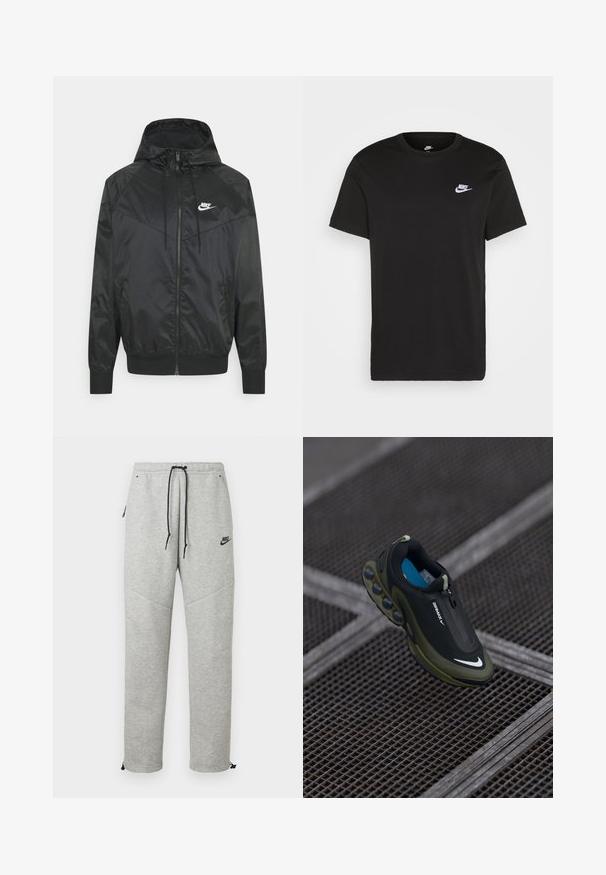Zwarte nylon bomberjack met capuchon, ritssluiting, elastische manchetten en schouderpanelen. Voorzien van een klein wit Nike-logo op de borst.; Zwart katoen T-shirt met korte mouwen, ronde hals en een klein wit Nike-logo op de bovenste linkerborst. Gladde textuur. Klassieke pasvorm.; Grijze Nike trainingsbroek met een verstelbare tailleband, zijzakken en elastische boorden. Heeft een soepele textuur en contrasterende zwarte logo-details.; Zwarte en olijfgroene Nike Air Max-schoen met een gladde bovenkant, ritssluiting en onderscheidende luchtkussens op de zool. Blauwe binnenzool zichtbaar.