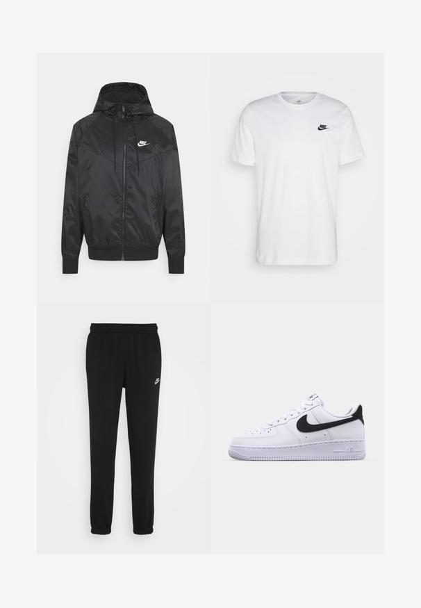 Sort nylon bomberjakke med hætte, lynlåslukning, elastiske ærmer og skulderpaneler. Har et lille hvidt Nike-logo på brystet.; Hvid bomulds T-shirt med rund hals, korte ærmer og et sort Nike-logo på venstre bryst. Enkel, ensfarvet design.; Sorte sweatpants med elastisk talje, ribbede ankler og et lille hvidt Nike-logo på venstre side. Fremstillet af blødt strukturstof.; Hvide lædersneakers med en struktureret sort Swoosh, flade snørebånd og en gummisål med et rillemønster. "AIR" er præget på hælen.