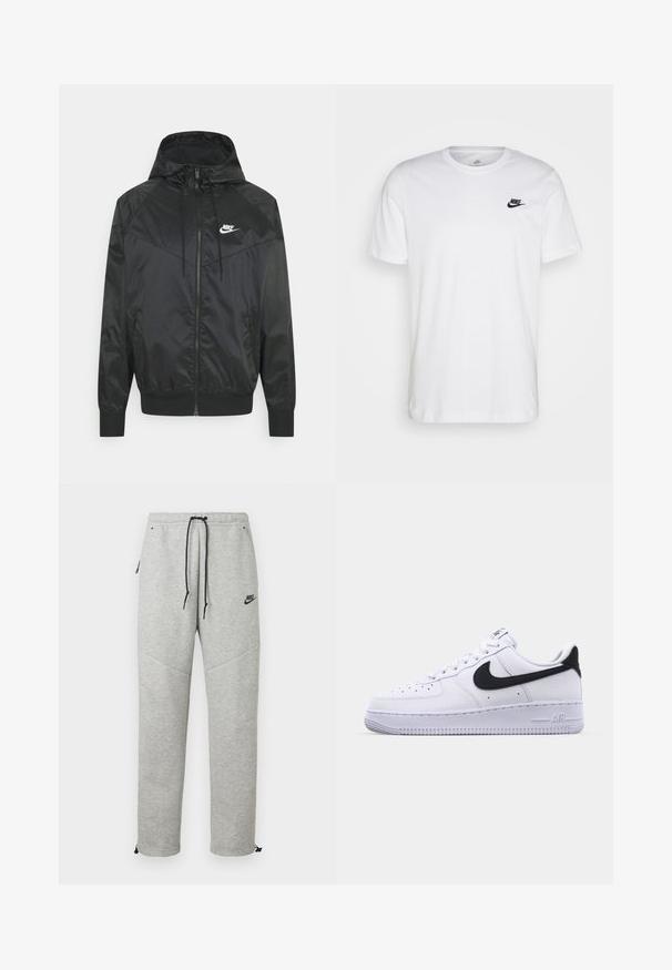 Zwarte nylon bomberjack met capuchon, ritssluiting, elastische manchetten en schouderpanelen. Voorzien van een klein wit Nike-logo op de borst.; Witte katoenen t-shirt met ronde hals, korte mouwen en een zwart Nike-logo op de linkerkant van de borst. Eenvoudig, effen kleur ontwerp.; Grijze Nike trainingsbroek met een verstelbare tailleband, zijzakken en elastische boorden. Heeft een soepele textuur en contrasterende zwarte logo-details.; Witte leren sneaker met een gestructureerde zwarte Swoosh, platte veters en een rubberen zool met een geribbeld patroon. "AIR" is in de hak geperst.