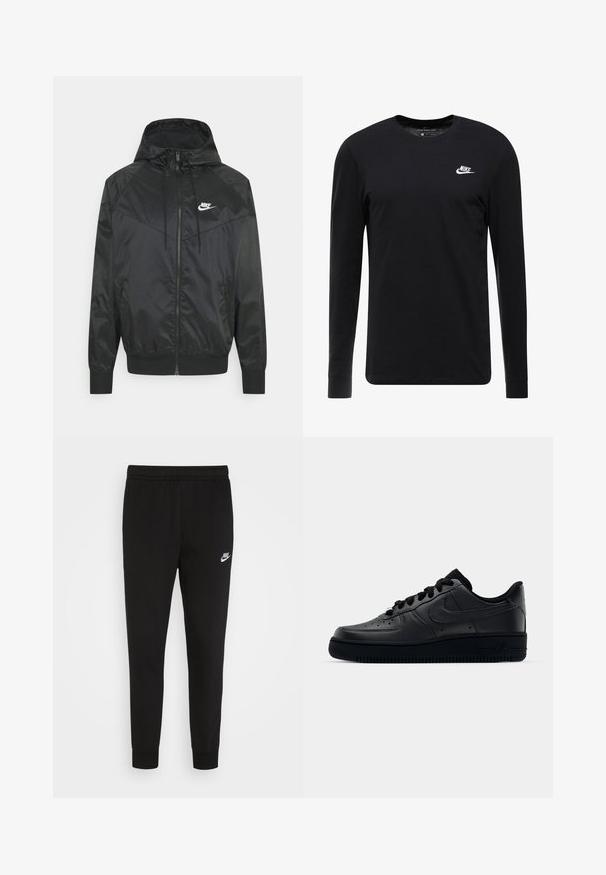 Sort nylon bomberjakke med hætte, lynlåslukning, elastiske ærmer og skulderpaneler. Har et lille hvidt Nike-logo på brystet.; Sort langærmet T-shirt lavet af bomuld, med rund hals, ribbede manchetter og et lille hvidt Nike-logo på brystet.; Sorte sweatpants lavet af blødt stof med elastisk talje og tætsiddende manchetter, med et lille hvidt Nike-logo på venstre lår.; Sort Nike Air Force 1 sneaker med en glat læderoverdel, perforeret tå for åndbarhed, sorte snørebånd og en textured gummisål.