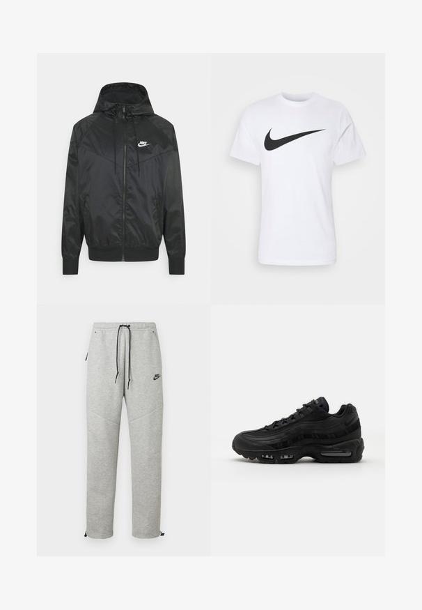 Chaqueta bomber negra de nailon con capucha, cierre de cremallera, puños elásticos y paneles en los hombros. Presenta un pequeño logo blanco de Nike en el pecho.; Camiseta de algodón blanca con un prominente logo negro de Nike Swoosh en el pecho. Mangas cortas y cuello redondo.; Pantalones de chándal Nike grises con cintura ajustable por cordón, bolsillos laterales y puños elásticos. Presentan una textura suave y un detalle del logo negro en contraste.; Nike Sportswear AIR MAX 95 ESSENTIAL - Zapatillas - black/dark grey