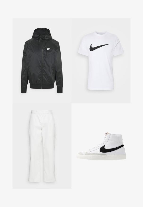 Chaqueta bomber negra de nailon con capucha, cierre de cremallera, puños elásticos y paneles en los hombros. Presenta un pequeño logo blanco de Nike en el pecho.; Camiseta de algodón blanca con un prominente logo negro de Nike Swoosh en el pecho. Mangas cortas y cuello redondo.; Pantalones de algodón blancos con un diseño de pierna recta, presillas para el cinturón y bolsillos laterales, con una textura suave y un detalle mínimo.; Zapatillas altas blancas con un swoosh negro, una puntera texturizada en gris y suela plana blanca. Presenta seis ojales y acentos cosidos.