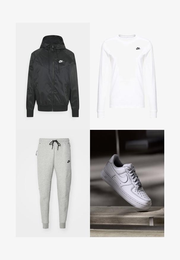 Zwarte nylon bomberjack met capuchon, ritssluiting, elastische manchetten en schouderpanelen. Voorzien van een klein wit Nike-logo op de borst.; Witte lange mouwen T-shirt van katoen, met een klein zwart Nike-logo op de linkerkant van de borst en een ronde halslijn. Gladde textuur.; Grijze sweatpants met een gladde textuur, elastische tailleband, verstelbaar zwart trekkoord, twee zijzakken en een klein zwart logo.; Witte Nike Air Force 1 sneaker van leer met geperforeerde neus, platte veters en een gestructureerde rubberen zool met "AIR"-logo aan de zijkant.