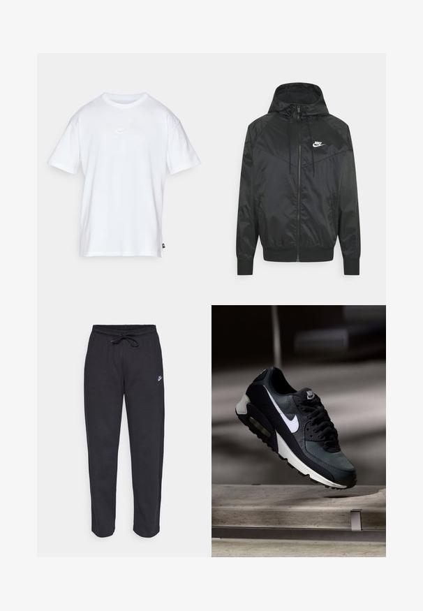 Schwarze Nylon-Bomberjacke mit Kapuze, Reißverschluss, elastischen Bündchen und Schulterpaneelen. Verfügt über ein kleines weißes Nike-Logo auf der Brust.; Weißes Baumwoll-T-Shirt mit kurzen Ärmeln und Rundhalsausschnitt. Verfügt über ein kleines, dezentes Nike-Logo auf der Brust und ein seitliches Etikett.; Schwarze Sweatpants aus weichem Stoff mit elastischem Bund, Kordelzug und kleinem Nike-Logo auf dem linken Oberschenkel.; Schwarzer und grauer Nike Air Max Sneaker mit weißem Swoosh, schwebend über einer Betonfläche vor einem verschwommenen dunklen Hintergrund.