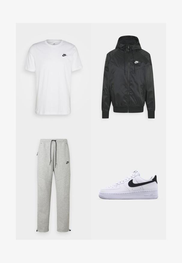 Sort nylon bomberjakke med hætte, lynlåslukning, elastiske ærmer og skulderpaneler. Har et lille hvidt Nike-logo på brystet.; Hvid bomulds T-shirt med rund hals, korte ærmer og et sort Nike-logo på venstre bryst. Enkel, ensfarvet design.; Grå Nike sweatpants med snøre i taljen, sidelommer og elastiske manchetter. Har en glat overflade og kontrastfarvet sort logo-detalje.; Hvide lædersneakers med en struktureret sort Swoosh, flade snørebånd og en gummisål med et rillemønster. "AIR" er præget på hælen.