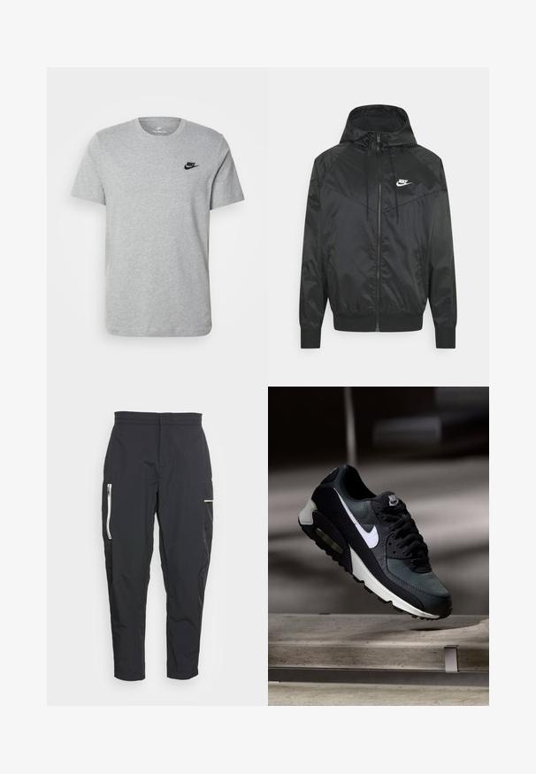 Schwarze Nylon-Bomberjacke mit Kapuze, Reißverschluss, elastischen Bündchen und Schulterpaneelen. Verfügt über ein kleines weißes Nike-Logo auf der Brust.; Graues T-Shirt mit kurzen Ärmeln aus Baumwolle, mit einem schwarzen Nike-Logo auf der Brust und einem runden Ausschnitt. Minimalistisches Design ohne Muster.; Schwarze cargo Hosen aus leichtem Stoff. Zu den Merkmalen gehören Reißverschlusstaschen an der Seite und ein strukturiertes Akzentmaterial am Oberschenkel. Figurbetonter Schnitt.; Schwarzer und grauer Nike Air Max Sneaker mit weißem Swoosh, schwebend über einer Betonfläche vor einem verschwommenen dunklen Hintergrund.