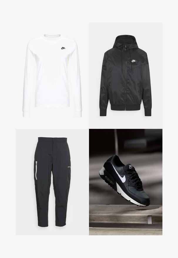 Schwarze Nylon-Bomberjacke mit Kapuze, Reißverschluss, elastischen Bündchen und Schulterpaneelen. Verfügt über ein kleines weißes Nike-Logo auf der Brust.; Weißes Langarm-T-Shirt aus Baumwolle mit kleinem schwarzem Nike-Logo auf der linken Brust und rundem Halsausschnitt. Glatte Textur.; Schwarze cargo Hosen aus leichtem Stoff. Zu den Merkmalen gehören Reißverschlusstaschen an der Seite und ein strukturiertes Akzentmaterial am Oberschenkel. Figurbetonter Schnitt.; Schwarzer und grauer Nike Air Max Sneaker mit weißem Swoosh, schwebend über einer Betonfläche vor einem verschwommenen dunklen Hintergrund.