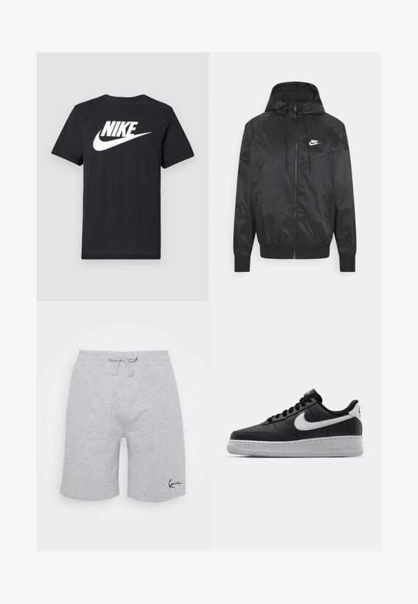 Zwarte nylon bomberjack met capuchon, ritssluiting, elastische manchetten en schouderpanelen. Voorzien van een klein wit Nike-logo op de borst.; Zwarte korte mouwen T-shirt met wit Nike-logo en swoosh in het midden van de borst, weergegeven op een lichtgrijze achtergrond.; Grijze katoenen shorts met een elastische tailleband en trekkoord, met een zijlogo en zijzakken; gladde textuur, casual ontwerp.; Zwarte lederen sneaker met een textuur oppervlak, witte Nike swoosh, grijze zool, ronde neus en vetersluiting. Bevat perforaties op de neus.