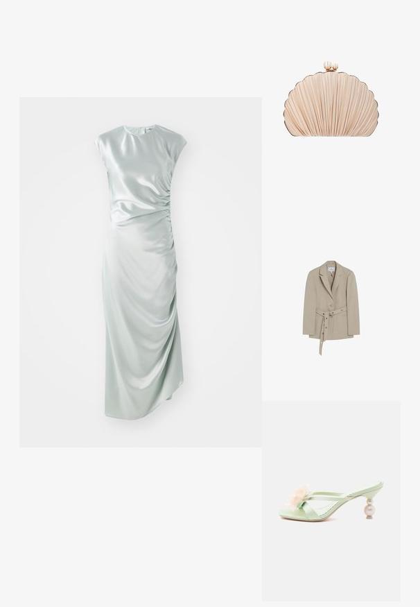 Beige skræddersyet blazer med hakkede revers, to knapper og et matchende bælte med metaldetaljer, vist på en hvid baggrund.; Satin midi kjole i lys grøn, med korte ærmer, rund halsudskæring, sidefoldedetaljer og en tætsiddende silhuet.; Lysegrøn åben tå sandal med hæl, dobbelte stropper, gennemsigtig ferskenblomsterdekoration og perleformet stablerhælkappe.; Clutch-taske formet som en musling med plisseret beige stof og to perle-lignende knapper som lås på toppen.