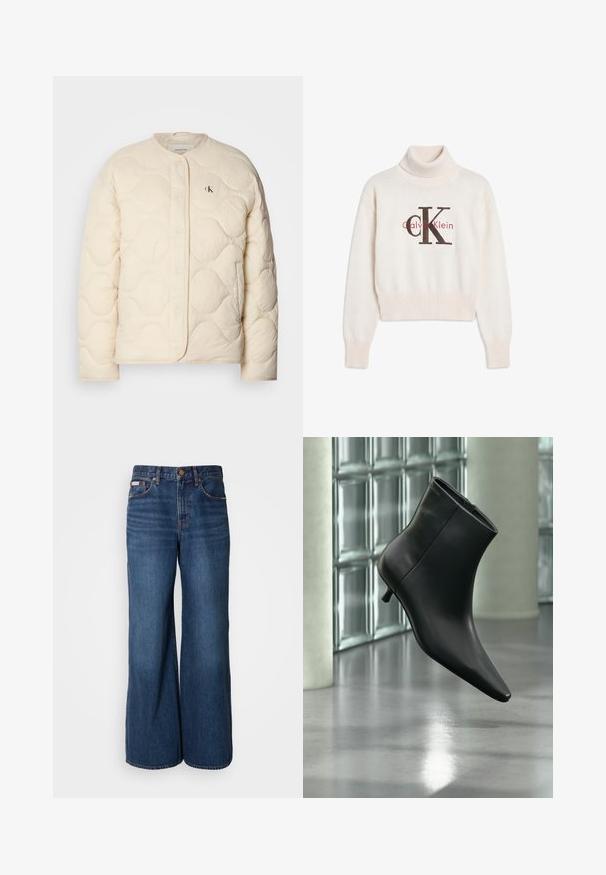 Calvin Klein Jeans INSULATED LINER JACKET - Talvejope - fog; Kreemikas Calvin Kleini kõrgekaelusega kampsun soonikkoes varrukate ja äärega, ees suur musta ja punase CK-logoga.; Tumedast denimist valmistatud laiade jalgadega teksad. Omavad kõrget vöökohta, viit taskut ning kontrastset oranži õmblust õmblustel.; Mustast nahast pahkluu saabas terava varbaotsaga ja madala Kitsuki kontsaga, kuvatud nurga alt läikiva põranda ja klaasplokkseinaga taustal.