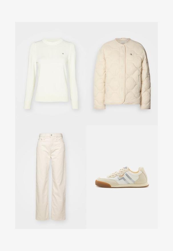Calvin Klein Jeans INSULATED LINER JACKET - Zimná bunda - fog; Svetlý krémový sveter, pletená textúra, okrúhly výstrih, dlhé rukávy, rebrované manžety a spodný lem. Jemný detail loga na hrudi.; Svetlé béžové džínsy s širokým strihom vyrobené z denimu, s vysokým pásom, piatimi vreckami a prešitou detailiou pozdĺž švov.; Béžová atletická obuv s nubukovým a syntetickým zvrškom, s tromi striebornými pruhmi a oranžovým logom. Gumová podrážka s textúrovaným gripom.