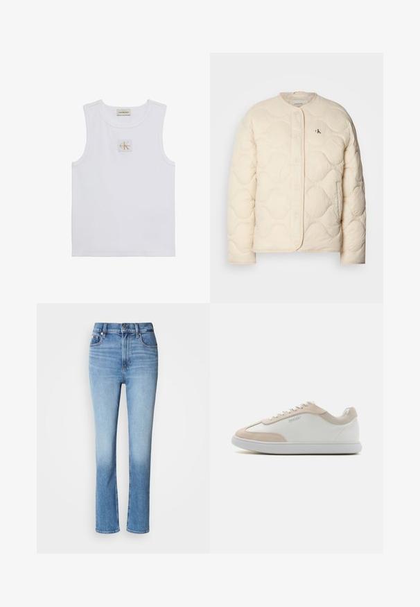 Calvin Klein Jeans INSULATED LINER JACKET - Veste d'hiver - fog; Débardeur blanc sans manches avec étiquette Calvin Klein Jeans sur la poitrine et une étiquette près de l'encolure sur fond blanc uni.; Jean en denim bleu avec taille haute, coupe droite, dégradé de couleur usé et style cinq poches. Fermeture à bouton en métal et zip.; Baskets en cuir blanc avec des accents en suède beige et des lacets blancs. Elles présentent un bout arrondi et une semelle rembourrée pour plus de confort.