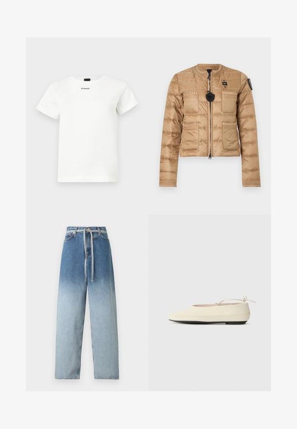 Veste matelassée marron clair avec col rond, fermeture éclair frontale, quatre poches plaquées, et écussons noirs de marque sur la poitrine et la manche.; T-shirt blanc à manches courtes avec col rond, design minimaliste, et logo "PINKO" centré sous l'encolure.; Jean taille haute à jambes larges avec un délavage bleu dégradé, poches avant, passants pour ceinture et une ceinture en denim nouée à la taille.; Des chaussures plates de couleur crème avec un bout arrondi, une sangle à la cheville et une semelle en caoutchouc noir contrastante. Matériau lisse avec un detailing minimal.