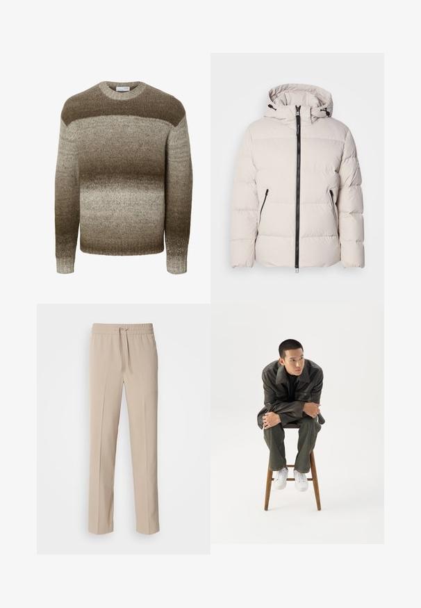 Steppjacke in hellem Beige mit Kapuze, ausgestattet mit einem Frontreißverschluss, zwei seitlichen Reißverschlusstaschen und gesteppter Struktur.; Langärmeliger Strickpullover mit Rundhalsausschnitt, der horizontale Farbverläufe in Braun- und Beigetönen zeigt.; Beige, locker sitzende Hosen aus weichem Stoff, mit einem elastischen Bund und Kordelzug sowie geraden Beinen mit minimalen Akzenten.; Junger Mann in dunkler Lederjacke und Jeans sitzt auf einem Holzstuhl, lehnt sich mit verschränkten Armen nach vorne und schaut seitlich vor weißem Hintergrund.