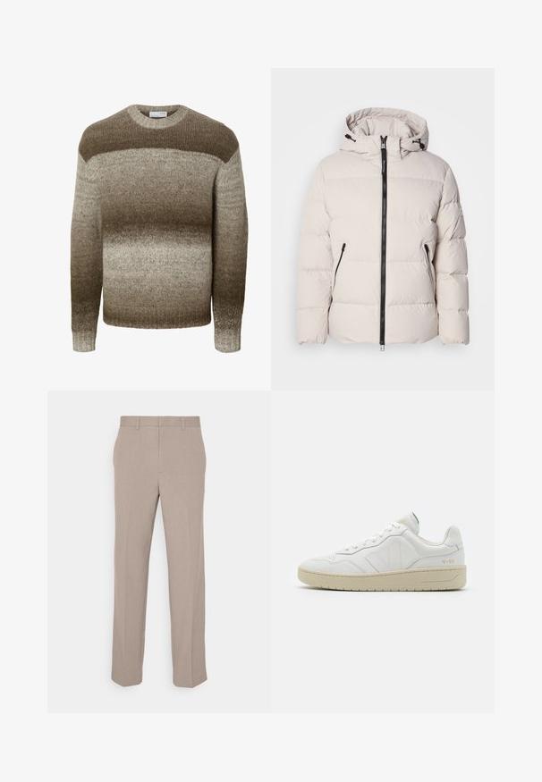Vatteret jakke i lysebeige med hætte, udstyret med lynlåslukning foran, to sidelommer med lynlås og quiltet tekstur.; Langærmet strikket sweater med rund hals med horisontale gradientstriber i nuancer af brun og beige.; Beige bukser lavet af letvægtsstof, med et lige ben-design og flad front. Ingen synlige mønstre eller udsmykninger.; Hvide lædersneakers med struktureret overflade og polstret krave. Har en beige gummisål og diskret branding på hælen og siden.