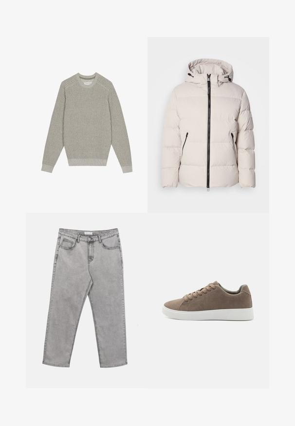 Doudoune beige clair avec capuche, fermeture éclair frontale, deux poches latérales zippées et texture matelassée.; Pull en maille gris clair avec texture côtelée, col rond et manches longues. Design simple, ourlets élastiqués, détails minimalistes.; Jean en denim gris clair avec bouton et fermeture éclair à l'avant, passants pour ceinture et cinq poches, posé à plat sur un fond blanc.; Baskets en daim marron avec des semelles en caoutchouc blanc plat, design lacé, bout rond et texture lisse. Style minimaliste avec des détails de couture subtils.