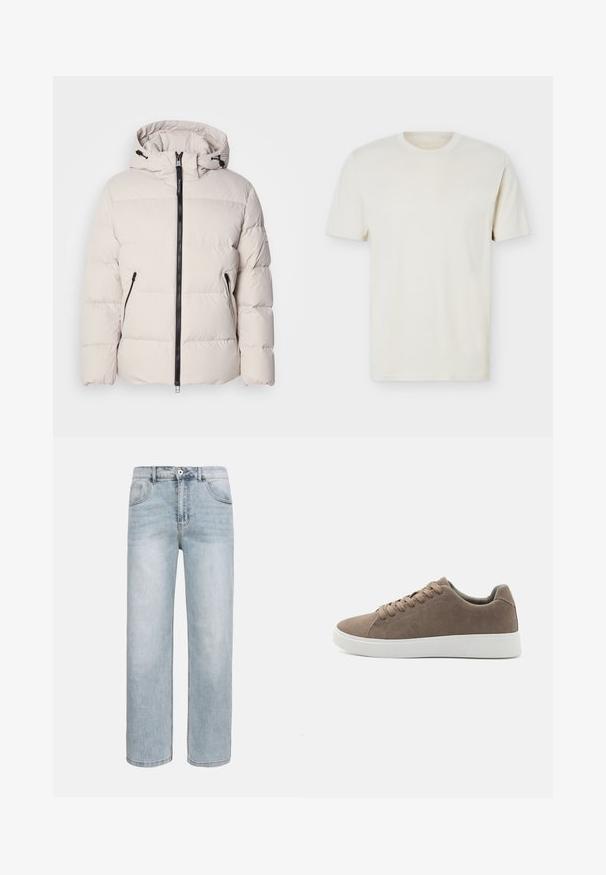 Vatteret jakke i lysebeige med hætte, udstyret med lynlåslukning foran, to sidelommer med lynlås og quiltet tekstur.; Simpel, off-white T-shirt med korte ærmer og rund hals, med diskret logo på venstre bryst, vist mod en hvid flad baggrund.; Lyseblå jeans med lige ben, forlommer, knaplukning og diskret falming på lår og knæ.; Brune ruskinds sneakers med flade hvide gummisåler, snørelukning, rund tå og en glat overflade. Minimalistisk stil med diskrete syninger.