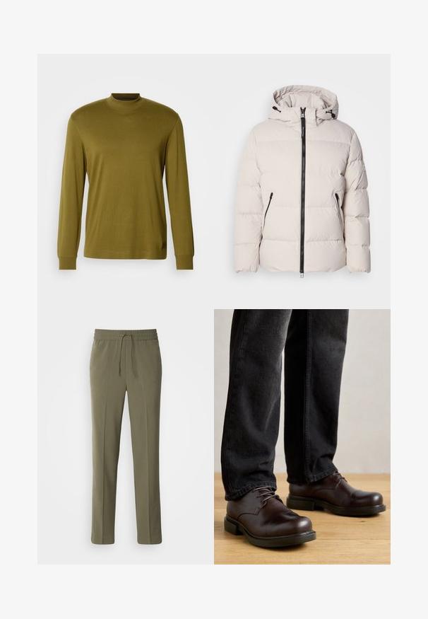 Steppjacke in hellem Beige mit Kapuze, ausgestattet mit einem Frontreißverschluss, zwei seitlichen Reißverschlusstaschen und gesteppter Struktur.; Olivengrünes Langarm-Turtleneck-Shirt aus weicher Stoff, mit taillierter Passform und geripptem Kragen sowie Ärmeln.; Olivengrüne, leichte Hose mit elastischem Bund und verstellbarem Kordelzug; gerades Bein Design und glatte Textur.; Braune Lederschuhe mit abgerundeter Spitze, Schnürdesign und dicker schwarzer Gummisohle, kombiniert mit dunkelblauen Jeans.