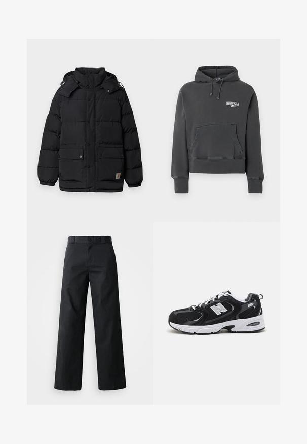Chaqueta negra acolchada con cuello alto, botones a presión, dos bolsillos frontales y capucha ajustable. La tela parece suave y aislante.; Sudadera con capucha de color gris oscuro con bolsillo frontal estilo canguro y pequeño logo "Service Works" en el pecho izquierdo.; Pantalones de pierna ancha negros hechos de algodón. Cuenta con cierre de botón, lazos para cinturón y bolsillos laterales. Textura suave con un corte ajustado.; Zapatillas deportivas en negro y gris con parte superior de malla y ante, que cuentan con una entresuela blanca, cordones y un llamativo logo "N" en el lateral.