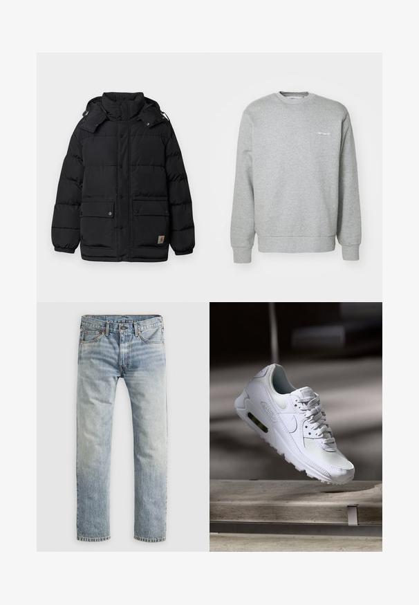 Schwarze, puffy Jacke mit hohem Kragen, Druckknöpfen, zwei Fronttaschen und verstellbarem Kapuzen. Der Stoff sieht glatt und isoliert aus.; Grauer Baumwollpullover mit Rundhalsausschnitt, langen Ärmeln, gerippten Bündchen und einem kleinen weißen Logo auf der linken Brust. Weicher Stoff.; Hellblaue gerade geschnittene Jeans mit Knopfverschluss, Fronttaschen und Gürtelschlaufen, flach auf weißem Hintergrund präsentiert.; Weiße Nike Air Max 90 Sneaker mit einem Obermaterial aus Mesh und Leder, durchlässigem Zehenbereich und einer sichtbaren Air-Einheit in der Ferse.