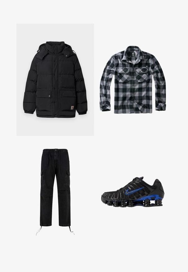 Schwarze, puffy Jacke mit hohem Kragen, Druckknöpfen, zwei Fronttaschen und verstellbarem Kapuzen. Der Stoff sieht glatt und isoliert aus.; Schwarz und grau karierter Flanellhemd mit Knopfleiste, zwei Brusttaschen und einem klassischen Kragen. Weicher Stoff mit entspannter Passform.; Schwarze Cargo-Hosen aus Denim, im relaxten Schnitt mit einer Kordelzug-Taille und mehreren Seitentaschen. Strukturierter Stoff mit Nahttutenschaften.; Schwarzer Sportschuh mit Obermaterial aus Mesh und glänzenden Akzenten. Verfügt über einen blauen Swoosh, einen gepolsterten Kragen und eine auffällige schwarze Gummisohle mit sichtbarem Dämpfungselement.