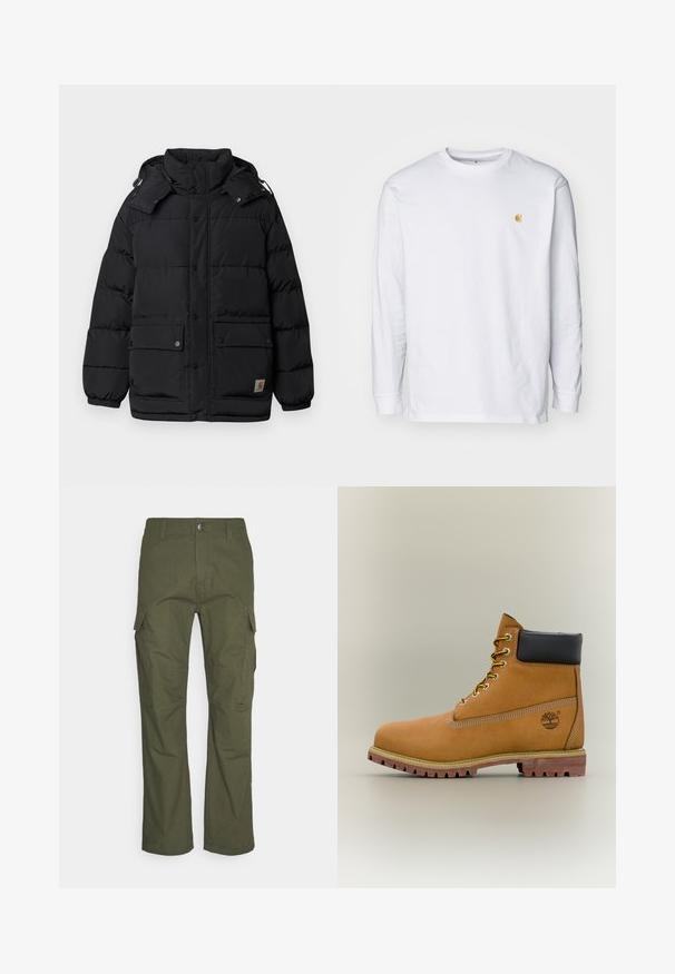 Sort puffy jakke med høj krave, trykknapper, to frontlommer og justerbar hætte. Stoffet ser glat og isoleret ud.; Hvid langærmet t-shirt lavet af bomuld. Har et lille gyldent logo på brystet og en rund halsudskæring. Enkel design og standard pasform.; Cargo bukser i mørke olivengrøn med flere sidelommer, lige snit og et slidstærkt stof med en tekstureret overflade.; Brun læderankelstøvle med sort krave, gule snørebånd og tanfarvet sål. Har logo og hvide syninger som detalje. Robust ydersål med greb.