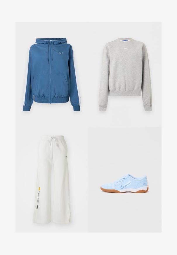 Blå lynlåsjakke med hætte, hvide striber på ærmerne, elastiske manchetter og kant, frontlommer og et lille hvidt Nike-logo på brystet.; Lysegrå langærmet sweatshirt med rund hals og ribkant ved ærmer og bund, med lille hvid Nike Swoosh-logo på brystet.; Hvide, brede sweatsbukser med elastisk talje, snøre, sidespalter, sort Nike-logo og kontrasterende gul grafisk tekst.; Lyseblå sportsko med en glat syntetisk overdel, teksturerede accenter og en gummirubber sål. Har et logo på siden.