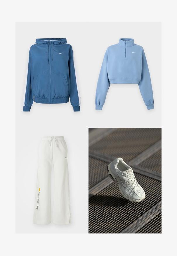Blå lynlåsjakke med hætte, hvide striber på ærmerne, elastiske manchetter og kant, frontlommer og et lille hvidt Nike-logo på brystet.; Lyseblå cropped sweatshirt med lange ærmer, ribkanter, kvart lynlås, høj krave og lille hvid Nike-logo på venstre bryst.; Hvide, brede sweatsbukser med elastisk talje, snøre, sidespalter, sort Nike-logo og kontrasterende gul grafisk tekst.; Hvide Nike løbesko med overdel i mesh og syntetisk materiale, som hviler på metalristgulv i blødt naturligt lys.