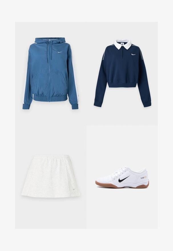 Modrá kapucňa so zipsom, biele pruhy na rukávoch, elastické manžety a lem, predné vrecká a malé biele logo Nike na hrudi.; Tmavomodrá krátka mikina s dlhým rukávom, bielym golierom, malým bielym logom Nike swoosh na ľavej strane hrudníka a bielym lemovaním na pleciach.; Biely športový sukňový odev vyrobený z mäkkej a textúrovanej tkaniny, s elastickým pásom a malým zlatým logom Nike na leme.; Biela vnútorná futbalová topánka Nike Total 90 III s čiernym logom Swoosh a gumovou podrážkou, zobrazená z boku na jednoduchom pozadí.