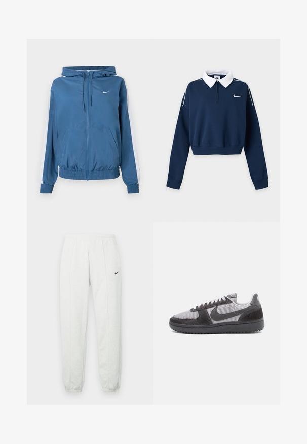 Sininen vetoketjullinen huppari, jossa on valkoiset raidat hihoissa, joustavat hihansuut ja helma, etutaskut sekä pieni valkoinen Nike-logo rinnassa.; Laivastonsininen pitkähihainen lyhyt collegepaita, jossa valkoinen kaulus, vasemmassa rinnassa pieni valkoinen Nike swoosh -logo ja valkoiset reunat olkapäillä.; Vaaleanharmaat Nike-housut, joissa joustava vyötärönauha, kapenevat lahkeet ja pieni musta logo vasemmassa reidessä. Pehmeä, teksturoitu kangas.; Matalavarvassneakerit harmaasta verkkokankaasta, mustista teksturoiduista päällysteistä, mustasta pohjasta, valkoisista nauhoista ja mustasta Nike-logosta sivulla.