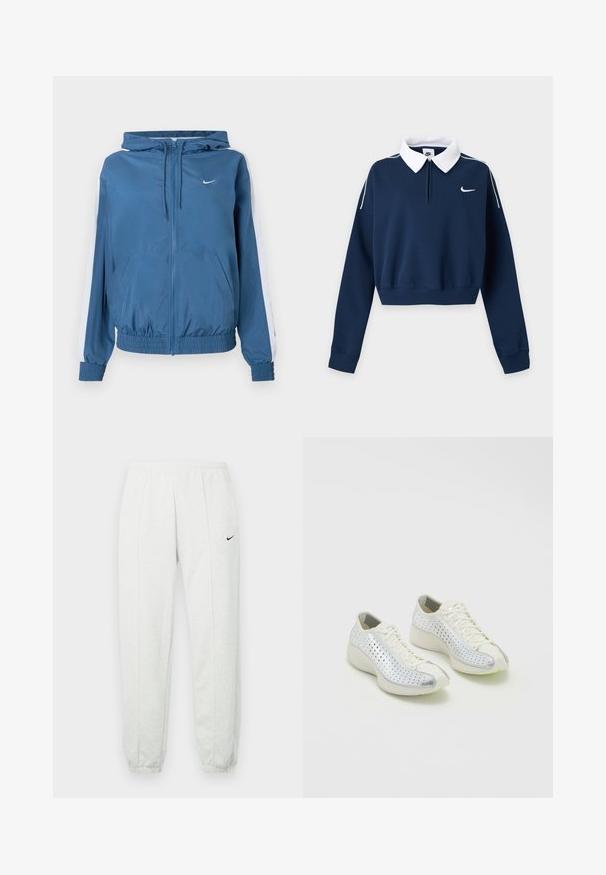 Blå lynlåsjakke med hætte, hvide striber på ærmerne, elastiske manchetter og kant, frontlommer og et lille hvidt Nike-logo på brystet.; Navyblå cropped sweatshirt med lange ærmer, hvid krave, lille hvid Nike swoosh logo på venstre bryst og hvid piping på skuldrene.; Lysegrå Nike joggingbukser med elastisk taljebånd, tilspidsede manchetter og et lille sort logo på venstre lår. Blødt, tekstureret stof.; Nike Sportswear AIR SUPERFLY - Sneakers - pale ivory/silver-coloured