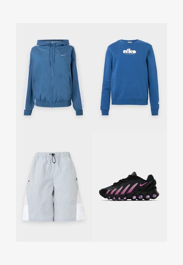 Blauwe zip-up hoodie met witte strepen op de mouwen, elastische boorden en zoom, voorzakken en een klein wit Nike-logo op de borst.; Blauwe katoenen trui met lange mouwen, ronde halslijn en wit Nike-logo op de borst. Geribbelde boorden en zoom zorgen voor een betere pasvorm.; Lichtgrijze sportshorts met witte zijpanelen, een elastische tailleband en een zwarte aantrekkoordlus, weergegeven op een effen achtergrond.; Zwarte en roze Nike sneakers met een bovenwerk van mesh, gebogen ontwerp en ronde paarse demping bij de zool en zijkanten.