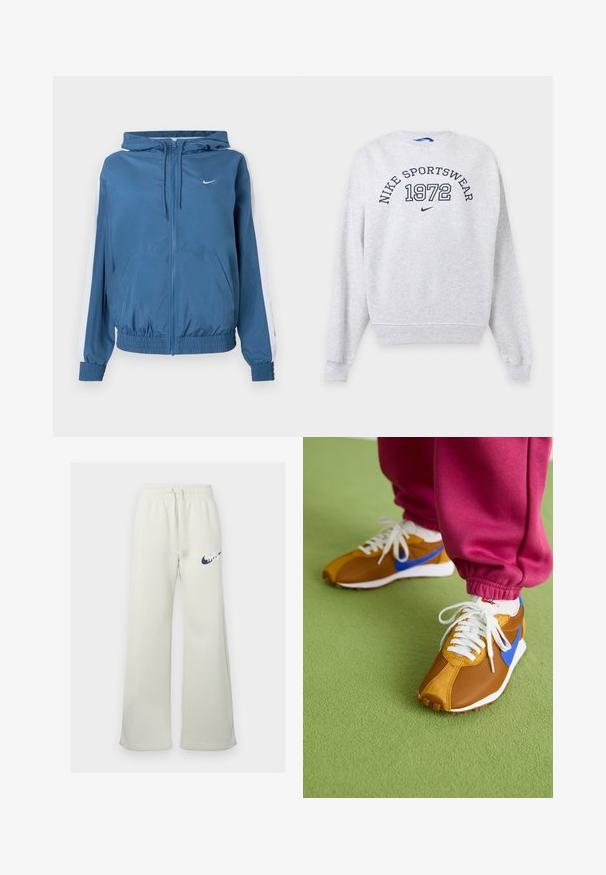 Blaues Zip-Up-Hoodie mit weißen Streifen an den Ärmeln, elastischen Bündchen und Saum, Fronttaschen und einem kleinen weißen Nike-Logo auf der Brust.; Hellgrauer Nike-Sweatshirt mit langen Ärmeln mit "NIKE SPORTSWEAR" und "1972" in Marineblau auf der Brust gedruckt, plus kleinem Nike-Swoosh-Logo.; Cremfarbene Jogginghose aus Baumwollmischung, mit entspannter Passform, elastischem Bund und Kordelzug sowie einem navyblauen Nike-Logo auf der Vorderseite.; Braune und blaue Sneakers aus einer Mischung aus Mesh- und Wildledermaterialien, versehen mit weißen Schnürsenkeln und einer strukturierten braunen Sohle, die auf grünem Boden platziert sind.