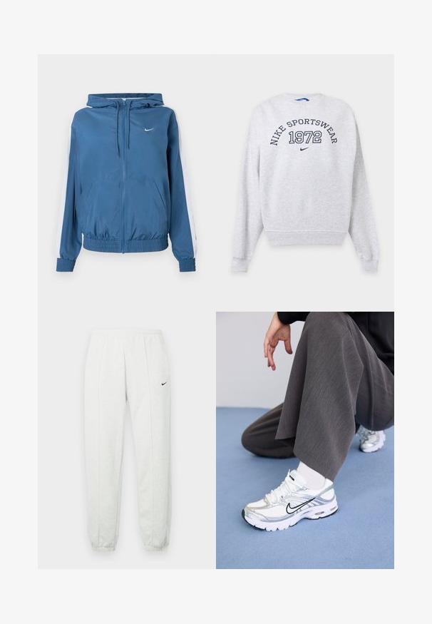 Blaues Zip-Up-Hoodie mit weißen Streifen an den Ärmeln, elastischen Bündchen und Saum, Fronttaschen und einem kleinen weißen Nike-Logo auf der Brust.; Hellgrauer Nike-Sweatshirt mit langen Ärmeln mit "NIKE SPORTSWEAR" und "1972" in Marineblau auf der Brust gedruckt, plus kleinem Nike-Swoosh-Logo.; Hellgraue Nike-Jogginghose mit elastischem Bund, zulaufenden Bündchen und einem kleinen schwarzen Logo am linken Oberschenkel. Weicher, strukturierter Stoff.; Weiße und silberne Sportschuhe aus Mesh- und Synthetikmaterialien, mit schwarzen Akzentlinien, Schnürsenkeln und strukturierten Sohlen.