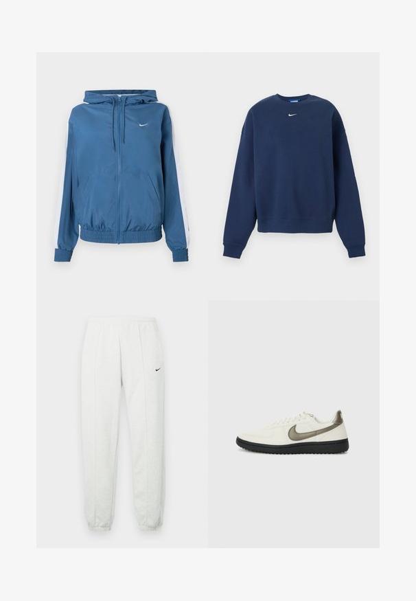 Blå lynlåsjakke med hætte, hvide striber på ærmerne, elastiske manchetter og kant, frontlommer og et lille hvidt Nike-logo på brystet.; Navyblå crewneck-sweatshirt med lange ærmer og hvid Nike-logo centreret under kraven.; Lysegrå Nike joggingbukser med elastisk taljebånd, tilspidsede manchetter og et lille sort logo på venstre lår. Blødt, tekstureret stof.; Nike Sportswear FIELD GENERAL - Sneakers - off-white/black