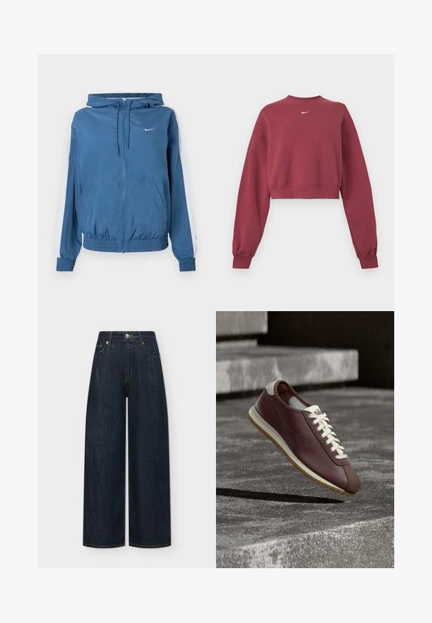 Veste à capuche zippée bleue avec des rayures blanches sur les manches, des poignets et un ourlet élastiques, des poches avant et un petit logo Nike blanc sur la poitrine.; Sweat-shirt court bordeaux avec manches longues et poignets côtelés, arborant un petit logo Nike swoosh blanc au centre de l'encolure.; Weekday ANDROMEDA LOW BAGGY - Jean boyfriend - blue; Baskets Nike bordeaux avec lacets blancs et semelle beige suspendues au-dessus de marches en béton gris en plein air.
