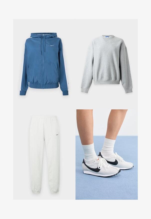 Modrá kapucňa so zipsom, biele pruhy na rukávoch, elastické manžety a lem, predné vrecká a malé biele logo Nike na hrudi.; Svetlosivá mikina Nike s okrúhlym výstrihom, dlhými rukávmi a rebrovanými manžetami a lemom, zobrazená na svetlom pozadí.; Svetlosivé tepláky Nike s elastickým pásom, zúženými lemami a malým čiernym logom na ľavom stehne. Mäkká, textúrovaná tkanina.; Biele sieťované tenisky s čiernymi akcentmi, okrúhlou špičkou a plochou gumovou podrážkou. V kombinácii s rebrovými bielymi ponožkami.