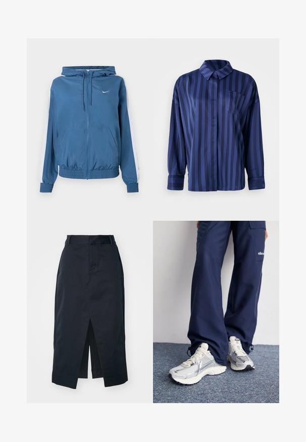 Blaues Zip-Up-Hoodie mit weißen Streifen an den Ärmeln, elastischen Bündchen und Saum, Fronttaschen und einem kleinen weißen Nike-Logo auf der Brust.; Navyblaue gestreifte Bluse mit Kragen, Brusttasche und langen Ärmeln. Hergestellt aus einem glatten, glänzenden Stoff mit lockerer Passform.; Dunkelblaues Midi-Rock aus Baumwollmischgewebe mit einem vorderen Schlitz, verdecktem Reißverschluss und praktischen Seitentaschen.; Nike Sportschuhe mit einem silbernen Mesh-Obermaterial, weißen Akzenten und strukturierten Sohlen, kombiniert mit locker sitzenden marineblauen Hosen.