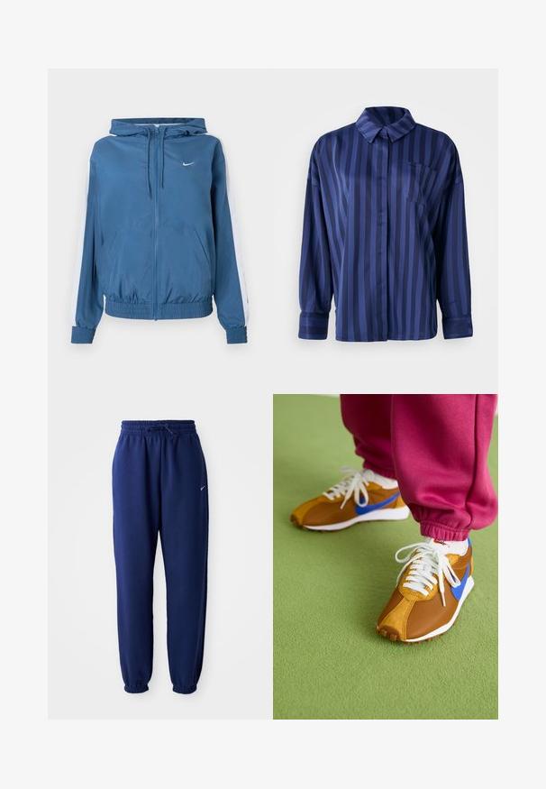 Blaues Zip-Up-Hoodie mit weißen Streifen an den Ärmeln, elastischen Bündchen und Saum, Fronttaschen und einem kleinen weißen Nike-Logo auf der Brust.; Navyblaue gestreifte Bluse mit Kragen, Brusttasche und langen Ärmeln. Hergestellt aus einem glatten, glänzenden Stoff mit lockerer Passform.; Dunkelblaue Sweatpants aus weichem Material, mit einem elastischen Bund und Kordelzug, elastischen Bündchen und einem kleinen weißen Logo.; Braune und blaue Sneakers aus einer Mischung aus Mesh- und Wildledermaterialien, versehen mit weißen Schnürsenkeln und einer strukturierten braunen Sohle, die auf grünem Boden platziert sind.