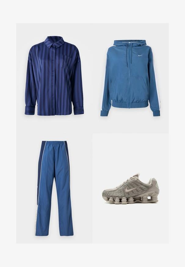 Modrá kapucňa so zipsom, biele pruhy na rukávoch, elastické manžety a lem, predné vrecká a malé biele logo Nike na hrudi.; Námornícky modrá pruhovaná košeľa s golierom, vreckom na hrudi a dlhými rukávmi. Vyrobené z hladkej, lesklej tkaniny s voľným strihom.; Modré športové nohavice s ľahkou, hladkou textúrou. Elastický pás, kontrastný tmavomodrý bočný panel a biele pásiky na ozdobu.; Svetlobéžová teniska Nike Shox s viditeľnou stĺpovitou tlmiacou podrážkou a vrchnými sieťovinovými detailmi.