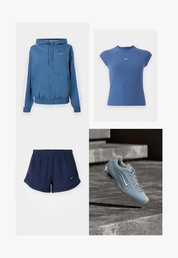 Modrá kapucňa so zipsom, biele pruhy na rukávoch, elastické manžety a lem, predné vrecká a malé biele logo Nike na hrudi.; Modrý krátky rukáv rebrovaný pletený top s okrúhlym výstrihom a bielym logom Nike swoosh v strede na hrudníku.; Námorníckomodré, rebrované športové šortky s elastickým pásom, s malým bielym logom Nike na dolnej strane. Mäkká textúra látky.; Svetlomodrá a sivá atletická obuv Nike s viditeľným odpružením v podrážke, ktorá sa vznáša nad betónovým povrchom s krokmi v pozadí.