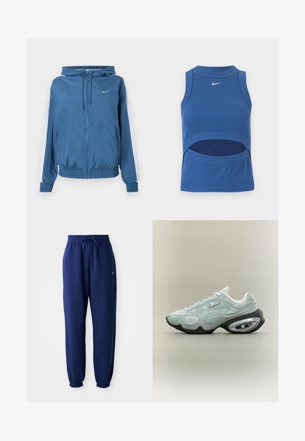 Blå lynlåsjakke med hætte, hvide striber på ærmerne, elastiske manchetter og kant, frontlommer og et lille hvidt Nike-logo på brystet.; Blå ærmeløs Nike crop top med høj hals og udskæring ved maven, ribbet stof og hvid Swoosh-logo foran midt på.; Mørkeblå sweatpants lavet af blødt stof, med elastisk talje med snøre, elastiske manchetter og et lille hvidt logo.; Lysegrå Nike-sneaker med sort og sølv luftpolstret sål, tekstureret overdel og lille sølv Swoosh-logo på siden.