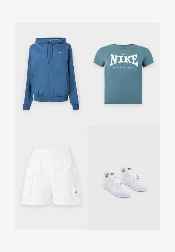 Modrá kapucňa so zipsom, biele pruhy na rukávoch, elastické manžety a lem, predné vrecká a malé biele logo Nike na hrudi.; Krátke tričko Nike v tyrkysovej farbe s bielym nápisom „NIKE ATHLETIC DEPT.“ a malým logom swoosh na hrudi, zobrazené na jednoduchom pozadí.; Biele cargo šortky s elastickým pásom, dvoma bočnými vreckami a malým čiernym logom na dolnej strane. Ľahký materiál, ležérny dizajn.; Biele tenisky Nike Air Force 1 s hladkým koženým zvrškom, perforovanou špičkou, bielymi šnúrkami a čiernym logom na jazyku.