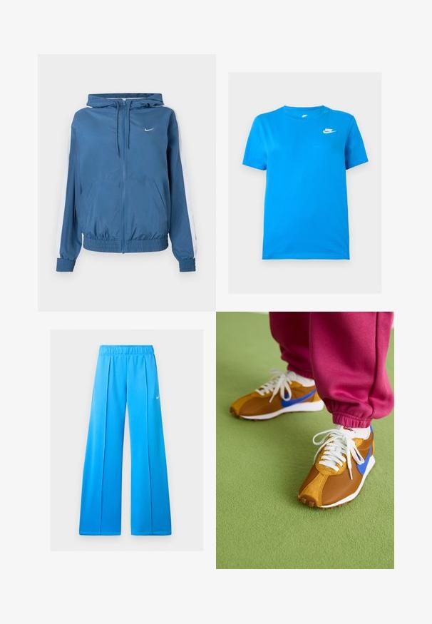 Blå lynlåsjakke med hætte, hvide striber på ærmerne, elastiske manchetter og kant, frontlommer og et lille hvidt Nike-logo på brystet.; Blå kortærmet Nike T-shirt med rund hals og hvidt Nike-logo på øverste venstre bryst mod en ensfarvet baggrund.; Lyseblå atletikbukser med vide ben, elastisk linning og lille hvid Nike swoosh-logo på højre lår.; Brune og blå sneakers med en blanding af mesh og ruskindsmaterialer, prydet med hvide snørebånd og en tekstureret brun sål, placeret på grønne gulve.