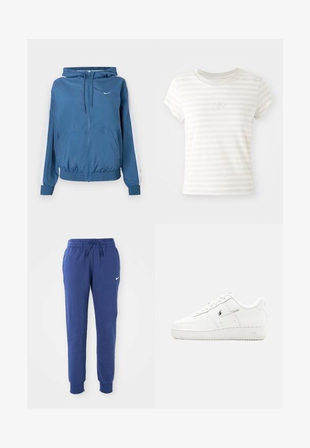 Veste à capuche zippée bleue avec des rayures blanches sur les manches, des poignets et un ourlet élastiques, des poches avant et un petit logo Nike blanc sur la poitrine.; T-shirt à manches courtes à rayures blanches en coton doux. Il présente un col rond et un petit logo Nike brodé sur la poitrine.; Pantalons de survêtement Nike bleus avec taille élastique, cordon de serrage, chevilles côtelées et logo swoosh Nike blanc sur la cuisse gauche.; Baskets blanches Nike Air Force 1 avec logo swoosh argent métallique, lacets à l'avant, bout perforé et semelle en caoutchouc texturée.