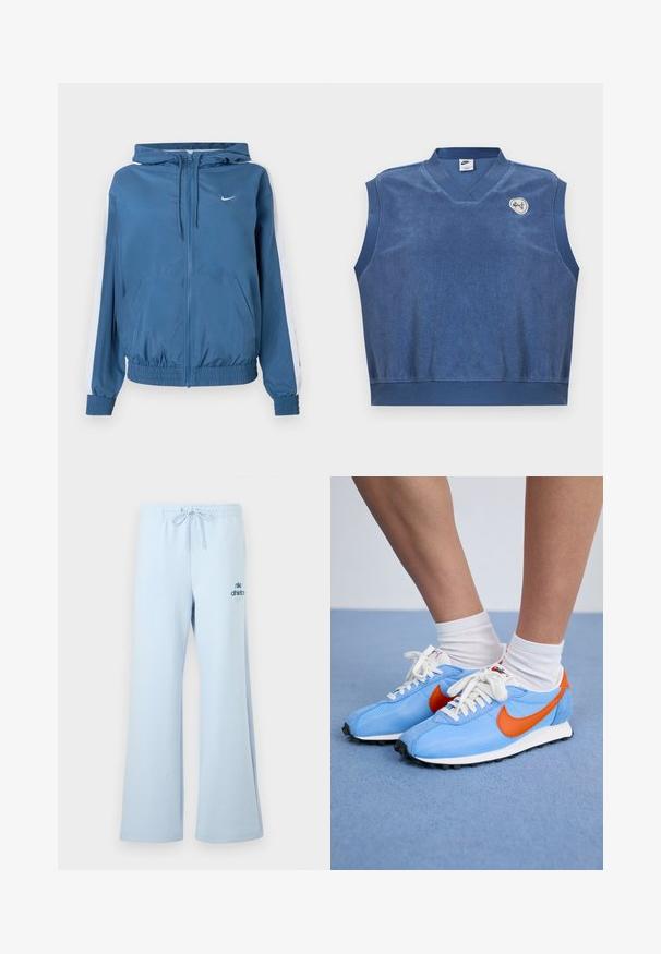 Blå lynlåsjakke med hætte, hvide striber på ærmerne, elastiske manchetter og kant, frontlommer og et lille hvidt Nike-logo på brystet.; Ærmeløs blå Nike terry stof vest med V-hals og lille hvidt og blåt broderet logo på øverste venstre bryst.; Lyseblå joggingbukser med afslappet pasform, snøre i taljen og "nike athletics"-logo i en mørkere blå på forsiden af benet. Blød stoftekstur.; Blå mesh- og ruskinds sneakers med orange accenter og hvide snørebånd. Sort gummisål. Båret med hvide crew-sokker på en blå overflade.