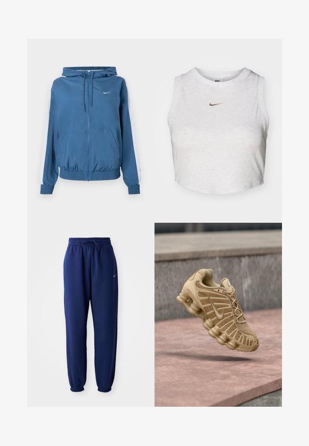Blauwe zip-up hoodie met witte strepen op de mouwen, elastische boorden en zoom, voorzakken en een klein wit Nike-logo op de borst.; Witte crop top van zacht, textuurachtig stof. Heeft een ronde hals en een mouwloos ontwerp met een klein gouden Nike-logo aan de voorkant.; Marineblauwe joggingbroek van zachte stof, met een elastische tailleband met trekkoord, elastische boorden en een klein wit logo.; Beige sportieve schoen met een mesh bovenwerk en gestructureerde ondersteuning, voorzien van een geveerd zool met zichtbare luchtkussens en een textuurdetail.