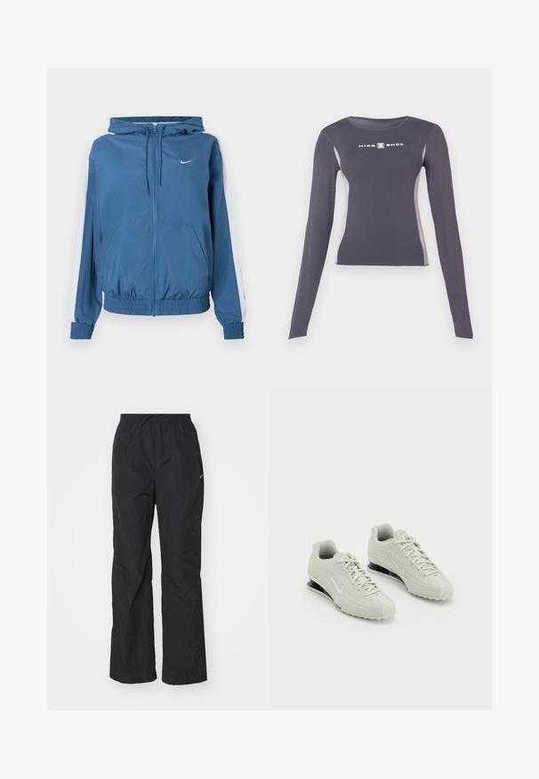 Blauwe zip-up hoodie met witte strepen op de mouwen, elastische boorden en zoom, voorzakken en een klein wit Nike-logo op de borst.; Donkergrijs langmouw sporttop dat aansluitend is, met lichtgrijze zijpanelen en een witte "Nike Shox" logo op de borst.; Zwarte, lichtgewicht broek met een elastische tailleband en verstelbare trekkoord. Heeft een gestructureerde afwerking en een klein reflecterend logo aan de zijkant.; Witte Nike sneakers met een gestructureerde bovenkant, voorzien van een gladde neus en zwarte dempingaccenten. Vetersluiting met een versterkte hiel.