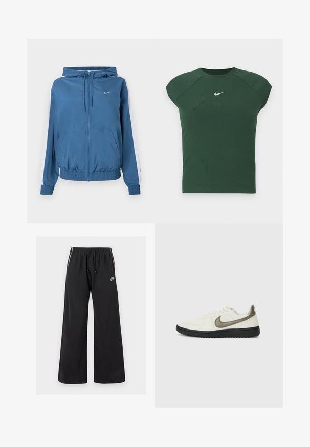 Blå lynlåsjakke med hætte, hvide striber på ærmerne, elastiske manchetter og kant, frontlommer og et lille hvidt Nike-logo på brystet.; Mørkegrøn ribbet kortærmet atletisk top med rund hals, der har et lille hvidt Nike swoosh-logo på brystet.; Sorte sweatpants lavet af blødt stof, med en elastisk talje og snøre, sidestriber og et lille logo på venstre front.; Nike Sportswear FIELD GENERAL - Sneakers - off-white/black